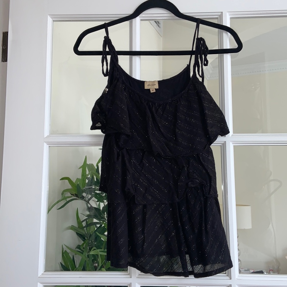 Ella Moss black strappy ruffle top with gold thread detail throughout M